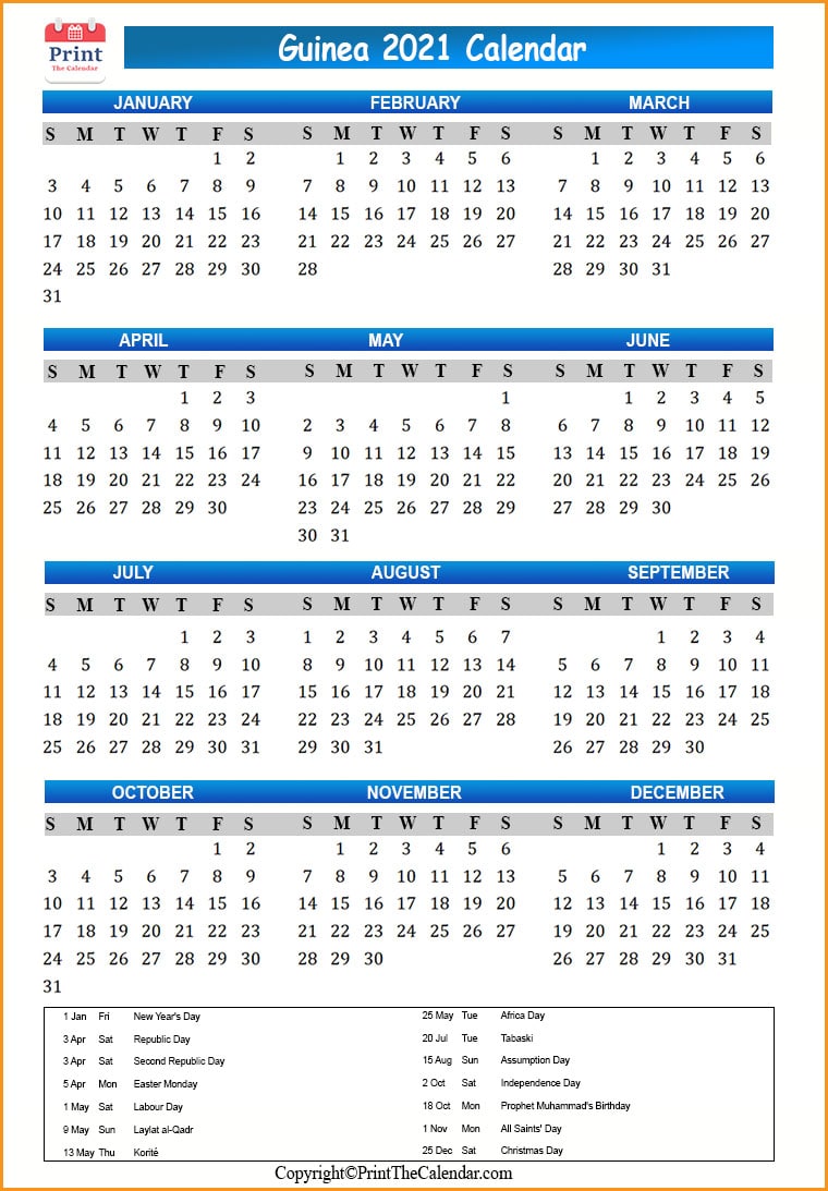 Guinea Calendar 2021